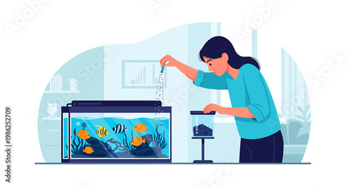 Woman Maintaining a Freshwater Aquarium with Tropical Fish.