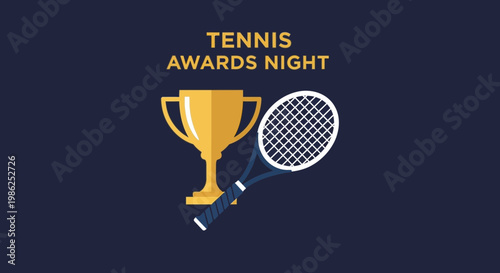 Tennis Award Ceremony Concept Featuring Trophy And Racquet On Navy Blue Background