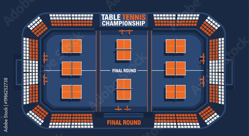 Table Tennis Championship Arena Displaying Multiple Simultaneous Matches In Full View