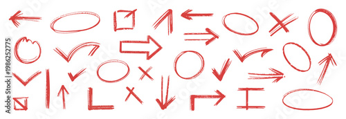 Hand-drawn red arrows and shapes collection, vector graphic elements for design