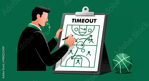 Tactical Basketball Coaching During a Timeout, Strategy Session, and Game Planning Illustration