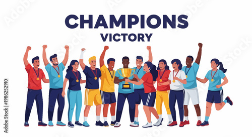 Team Of Celebratory Winners Enjoying The Taste Of Victory Together As Champions