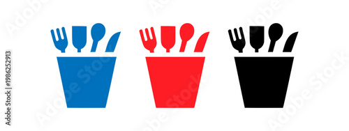 Set of colorful utensil icons in a holder for kitchen