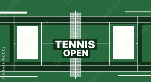 Tennis Court Illustration Announcing Upcoming Championships With Green and White Elements
