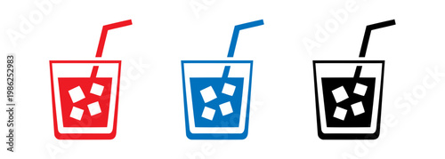 Refreshing cold drink icons with ice cubes and straws