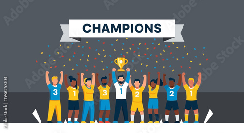 Team Of Winners Celebrate Their Victory And Triumphantly Hold Up Trophy Under Banner