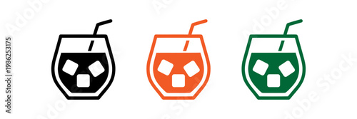 Colorful icons of refreshing drinks with ice and straws