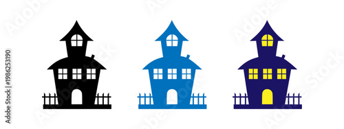 Colorful icons of spooky haunted houses with fences and lights