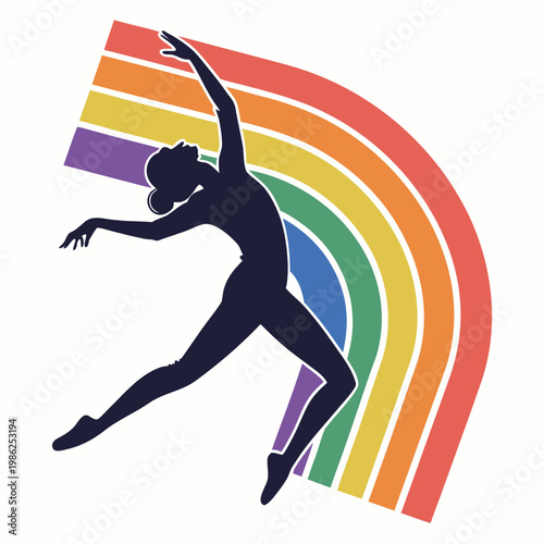 Dancer silhouette jumps with vibrant rainbow arc.