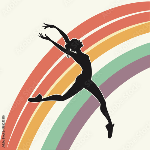 Female ballet dancer leaping over rainbow silhouette.