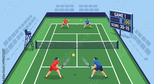 Tennis Match Illustrated On A Court Depicting Sport Competition and Athleticism