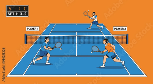 Tennis Match Illustration: Animated Players Engaging In A Competitive Sports Game
