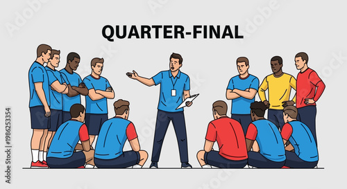 Team Strategy Meeting Before The Quarter-Final Match In Vibrant Cartoon Illustration