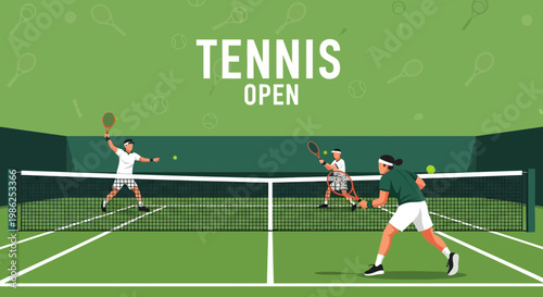 Tennis Match Illustration Depicting Open Tournament Action During Sunny Day
