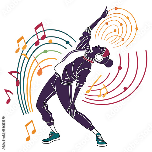Woman dancing with headphones and abstract circles.