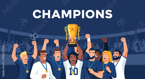 Team Victory Celebration: Football Champions Lift Trophy with Crowd Support