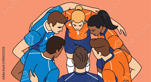 Teamwork And Community: Group Of People United In A Circle And Embracing Together