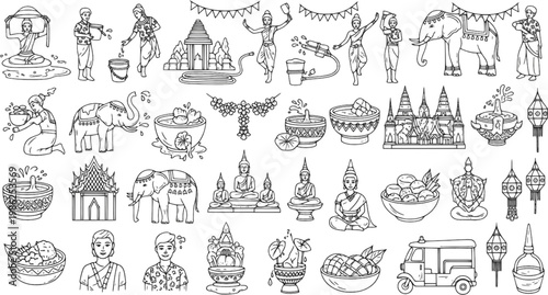 Traditional Thailand Culture Icons Set – Songkran Festival, Temples, Food, Elephants Line Art Illustration
