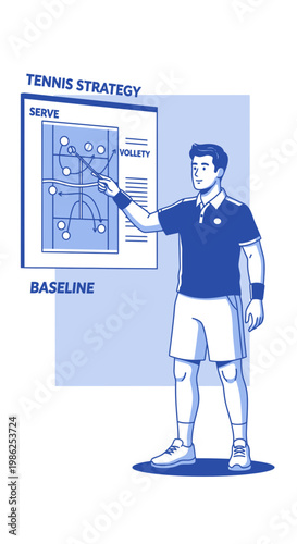 Tennis Strategist Explaining Game Plan Illustrated on Court Diagram for Athletic Instruction