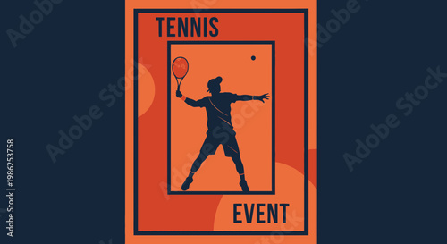 Tennis Tournament Event Poster: Dynamic Player Silhouette and Bold Orange Design