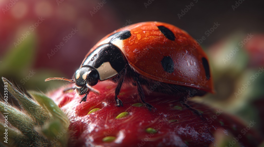 Obraz premium Extreme close-up of a vibrant red ladybug perched gracefully on a succulent strawberry, showcasing intricate details of its shell and antennae