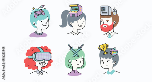 Collection of diverse people with gaming and technology icons in their heads representing hobbies and interests flat illustration on white b