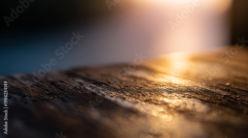 deck. Wooden deck surface at dusk with warm golden hour lighting. travel magazines, destination branding, designed for outdoor magazines and nature guides, used by recruiters.
