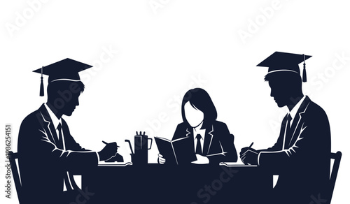 A stylized depiction showcases two formally dressed graduates and a businesswoman engaged in discussion around a table presented as a silhouette high quality professional