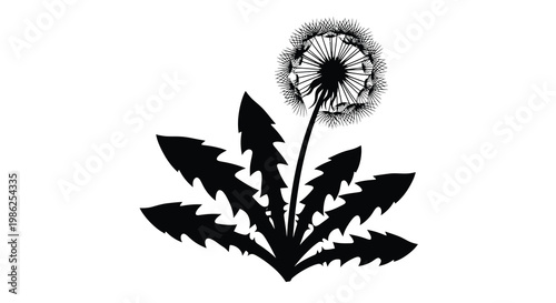 A stylized black and white illustration of a dandelion with seed dispersal