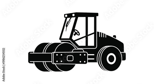 Simple black and white illustration of a road roller construction vehicle