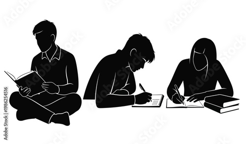 A striking black and white illustration depicts three students engaged in study each absorbed in their tasks presented as a silhouette high quality professional