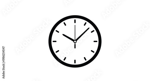 Simple black and white illustration of a round analog clock showing ten past twelve