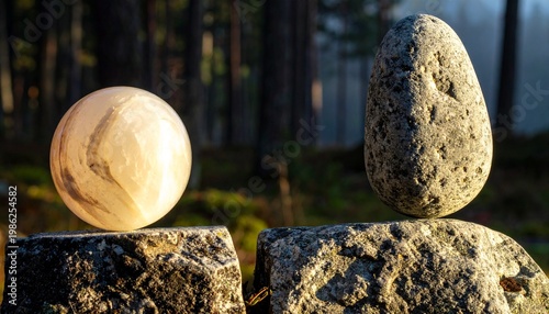 Polished stone sphere on marble pedestal beside rough weathered block with moss, misty forested hills in background, contrast of human craftsmanship and natural textures outdoors.