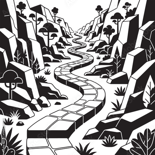 Minimalist black and white illustration of a winding stone path leading through rugged mountains with trees and plants
