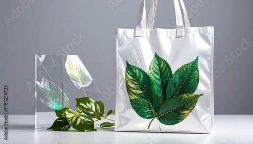White tote bag with large tropical green leaf designs, eco-friendly aesthetic, two white handles, light checkered background with soft shadow for stylish natural accessory look.