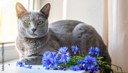 Gray cat sitting near window with bright blue hydrangea flowers, sunlight illuminating fur and blossoms, creating a calm natural moment of serenity and gentle beauty.