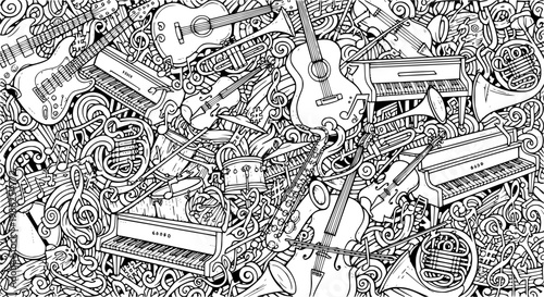 Musical instruments silhouette collection featuring piano guitars drums violin saxophone trumpet bass and orchestra equipment black white vector illustration set