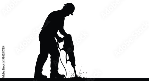 Silhouetted construction worker operating a jackhammer on a white background