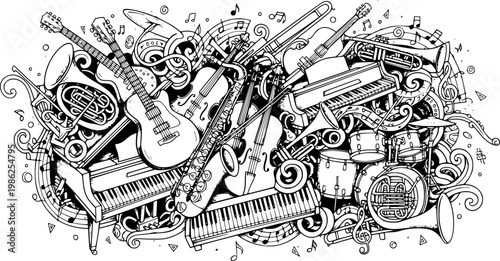 Musical instruments silhouette collection featuring piano guitars drums violin saxophone trumpet bass and orchestra equipment black white vector illustration set