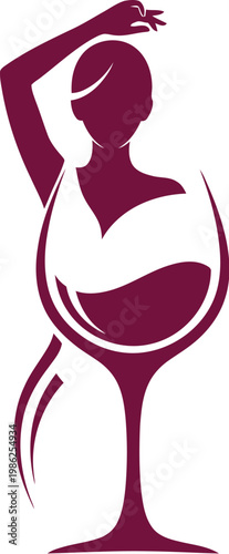 Elegant and sophisticated logo design showcasing a beautiful woman's silhouette gracefully integrated into the form of a classic wine glass, featuring rich red wine.