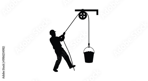 Silhouette of a worker operating a simple pulley system with a bucket