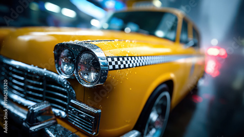 Classic yellow taxi parked in the rain on a busy city street at night with bright lights in the background