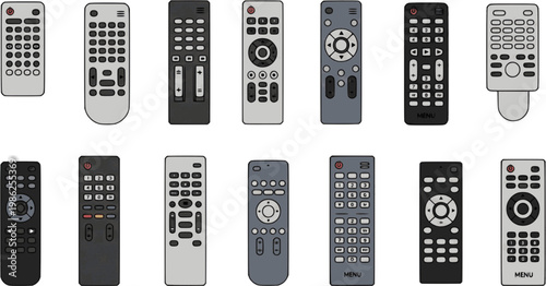 Remote control device icon set television media controller buttons flat vector illustration minimal technology equipment isolated design collection