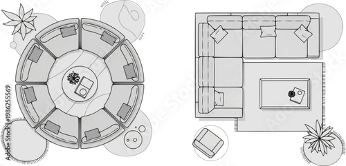 Technical vector illustration of two living room arrangements from a top view, featuring a circular sofa set and an L-shaped sectional couch.