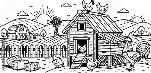 Charming rural farm scene illustration depicting a traditional chicken coop, several playful hens, and a proud rooster amidst fields and a barn.