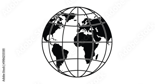 A black and white illustration depicting a spherical world globe