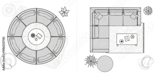 Technical vector illustration of two living room arrangements from a top view, featuring a circular sofa set and an L-shaped sectional couch.
