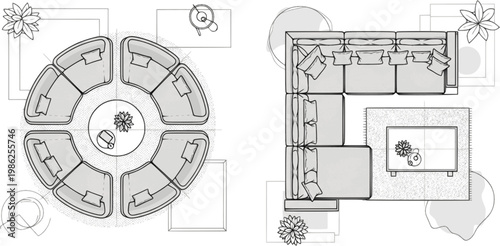 Technical vector illustration of two living room arrangements from a top view, featuring a circular sofa set and an L-shaped sectional couch.