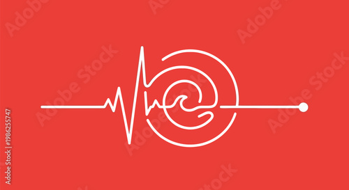 Dynamic white line graphic on red background merging a pulsating heartbeat waveform with a flowing wave inside an internet email symbol, illustrating active digital connection and vitality.