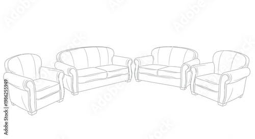 Elegant living room set consisting of two comfortable sofas and two matching armchairs rendered in a clean minimalist line art style for modern home decor